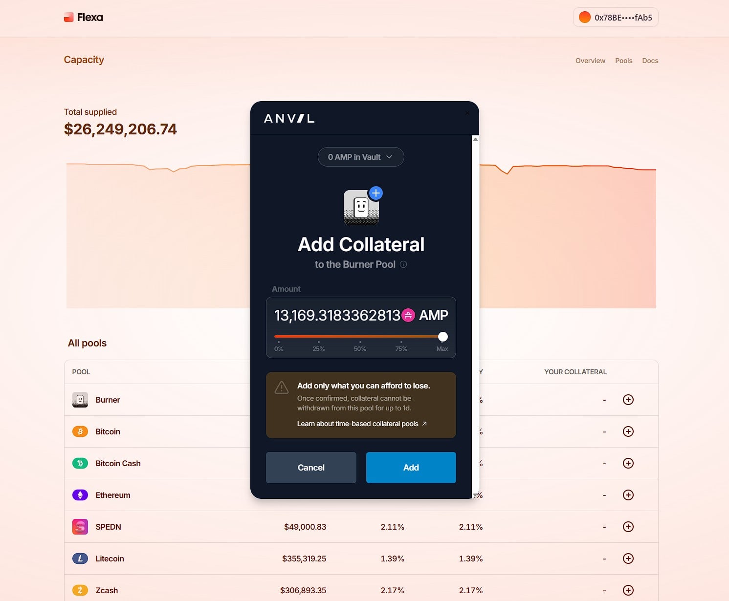 Anvil deposit modal with 13,169 AMP entered and slider at max