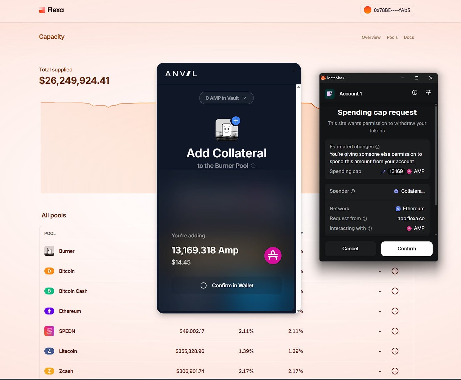 MetaMask spending cap request showing 13,169 AMP approval for Flexa Capacity collateral manager